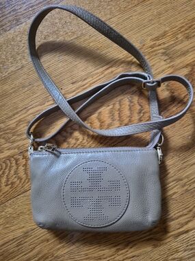 Tory Burch Taupe Leather Crossbody with Perforated Logo